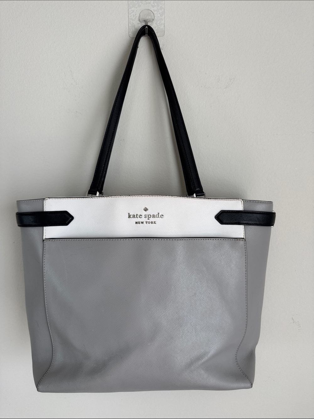 ate Spade New York Gray White Colorblock Leather Tote Bag